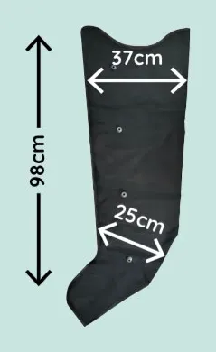 Pernera de presoterapia talla L, extendida en plano, con las cotas de ancho de muslo, de tobillo y de largo marcadas sobre la prenda.